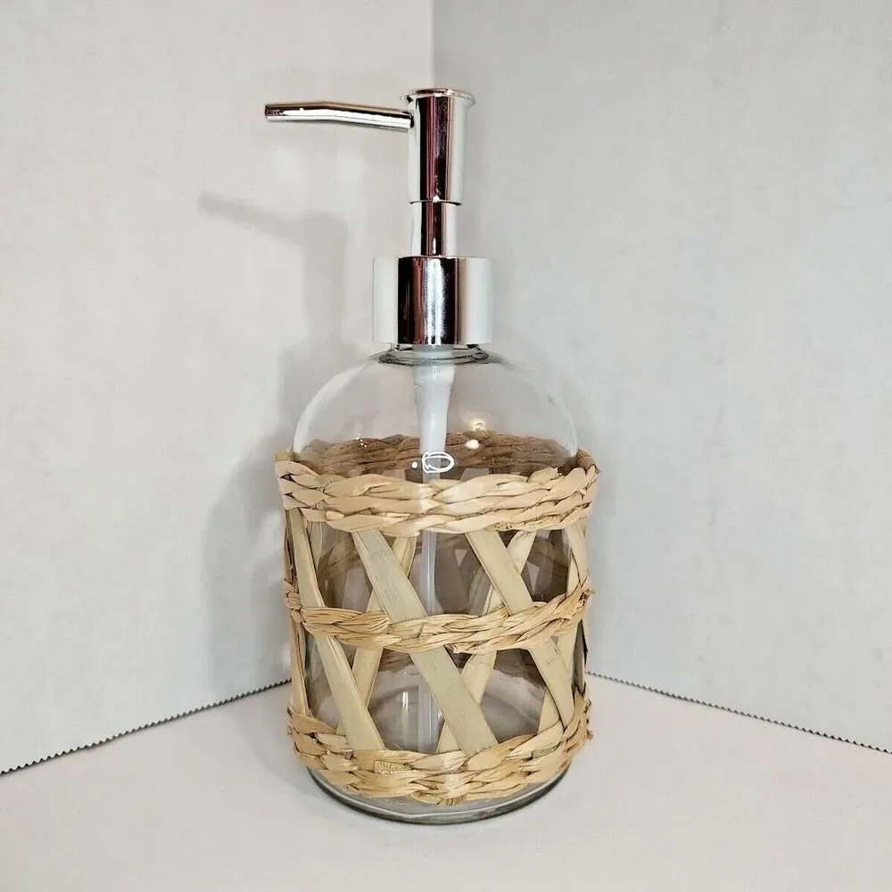 Clear Decorative Glass Silver Plastic Soap Dispenser Removable Woven Tan Raffia